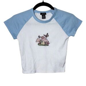 Justify Raglan Baby Tee Crop Size Small blue,white Ribbed mushroom patch front